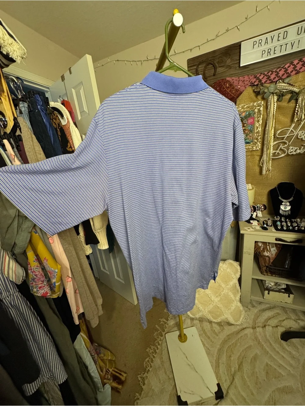 Ralph Lauren Light Blue Striped Polo with Solid Blue Collar